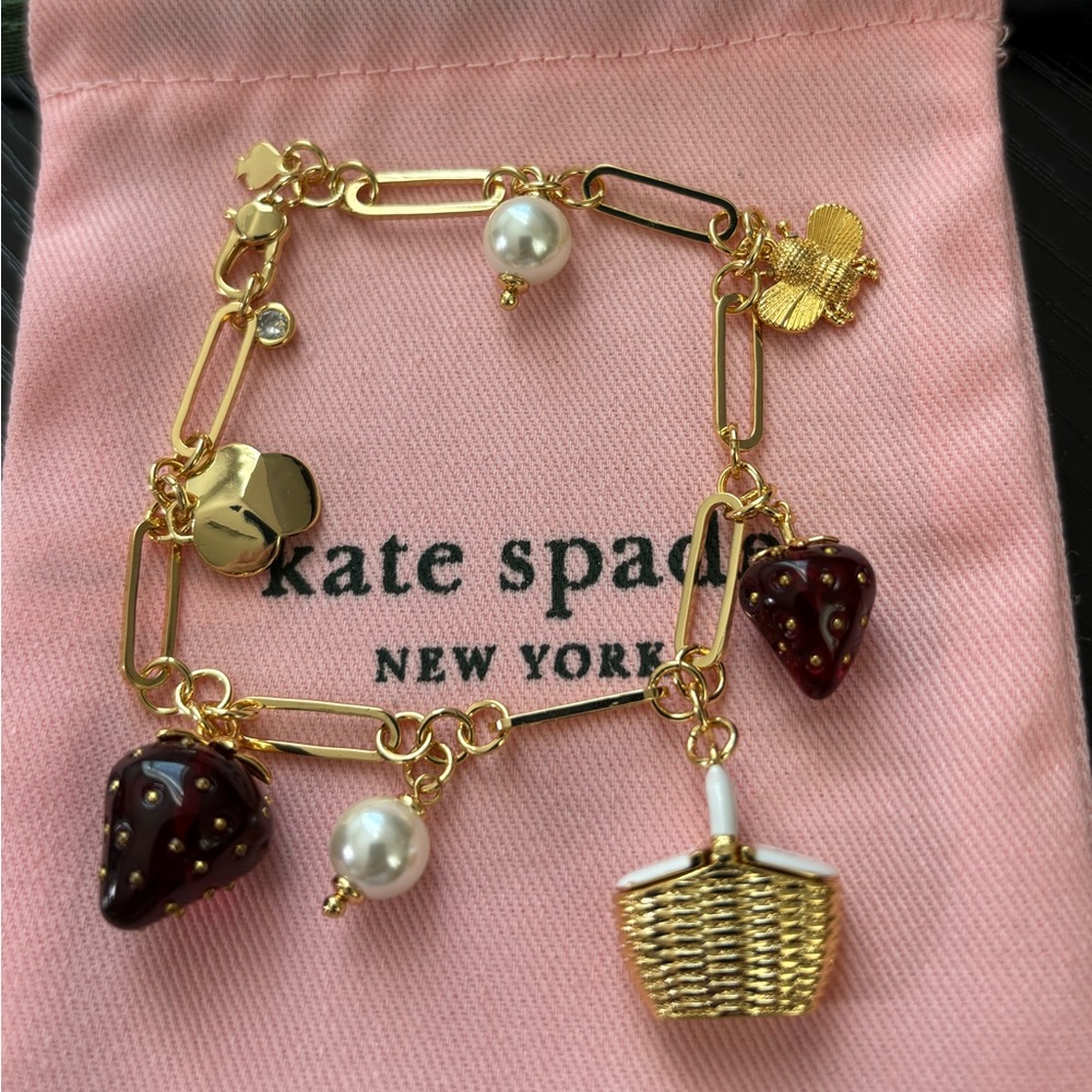 NWOT Kate  spade Gold Charm Bracelet with Burgundy Strawberry & Pearl Accents